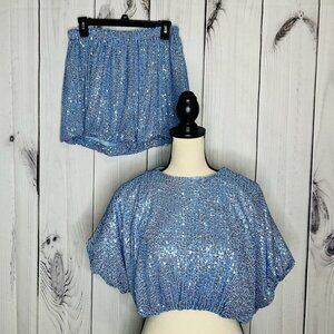 Endless Rose Full Sequin Set Cropped Top (XS) Shorts (S) Blue